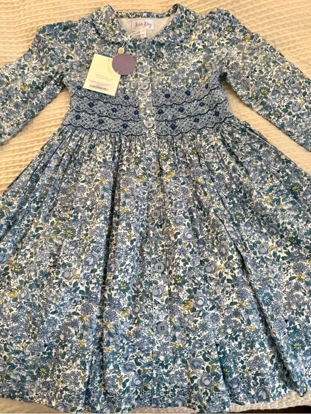 NWT Rachel Riley girl's blossom-print smocked button-front dress - Picture 2 of 7